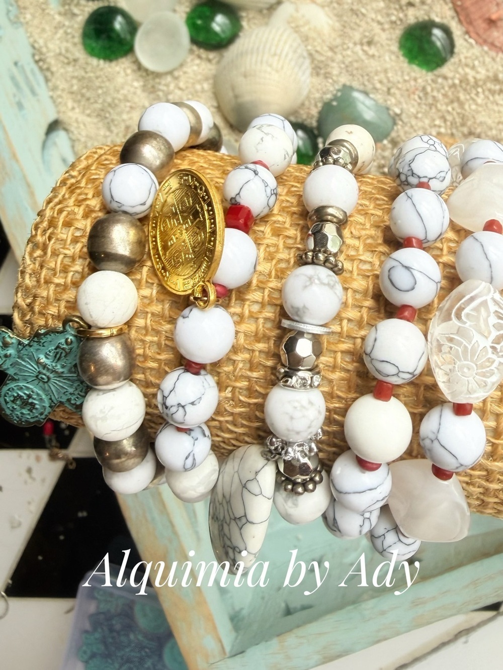 Alquimia White Howlite and Red Accent Stretch Bracelet Stack